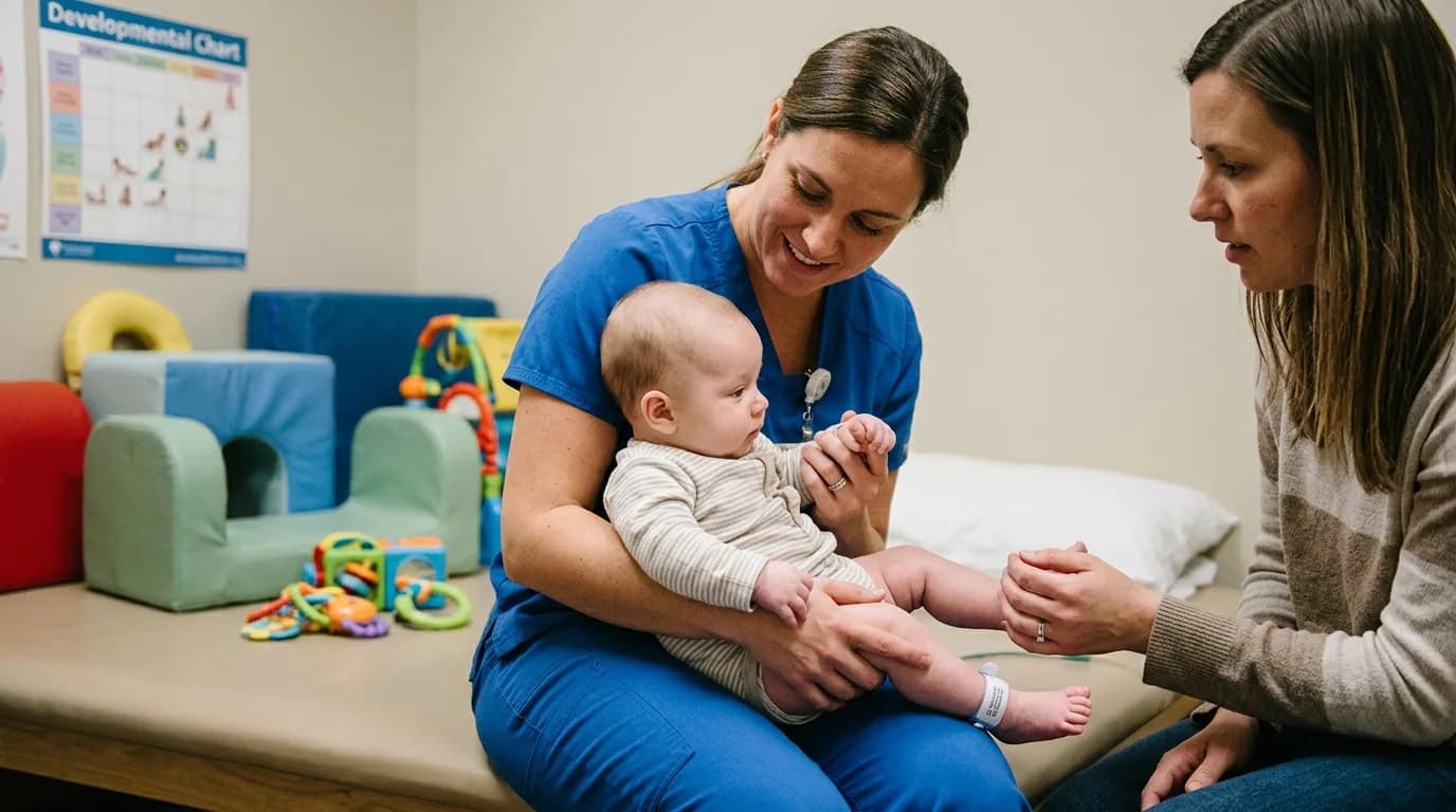 An infant working with a therapist during a developmental session as a parent looks on