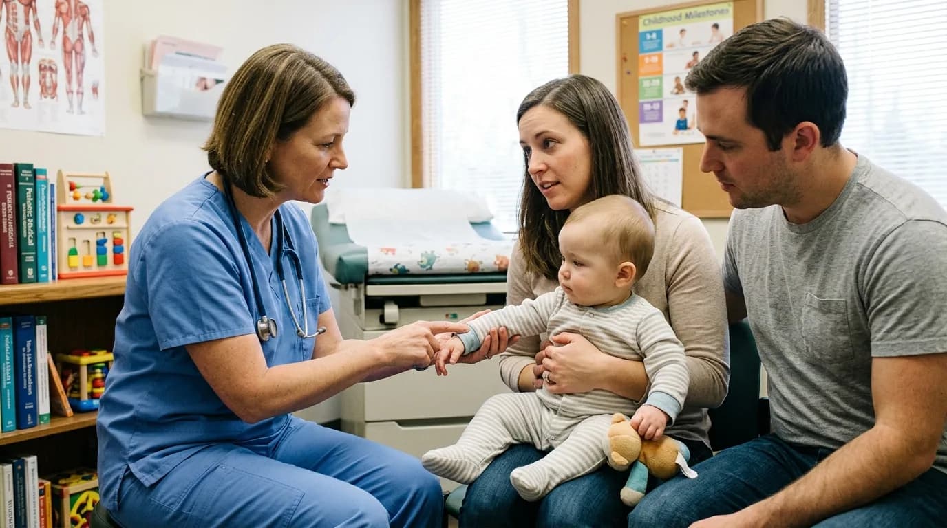 Parents with their infant during a medical follow-up examination