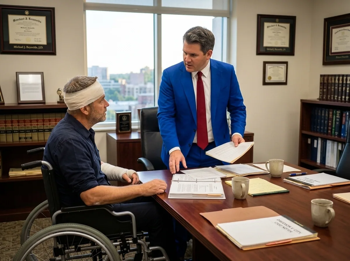An attorney reviewing a catastrophic injury case with an injured client