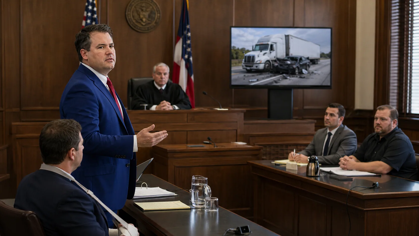 A Cronauer Law attorney arguing a commercial vehicle case in court, presenting crash evidence beside his injured client