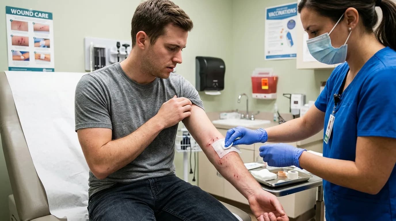 A nurse dressing a dog bite wound on a patient's forearm in an exam room