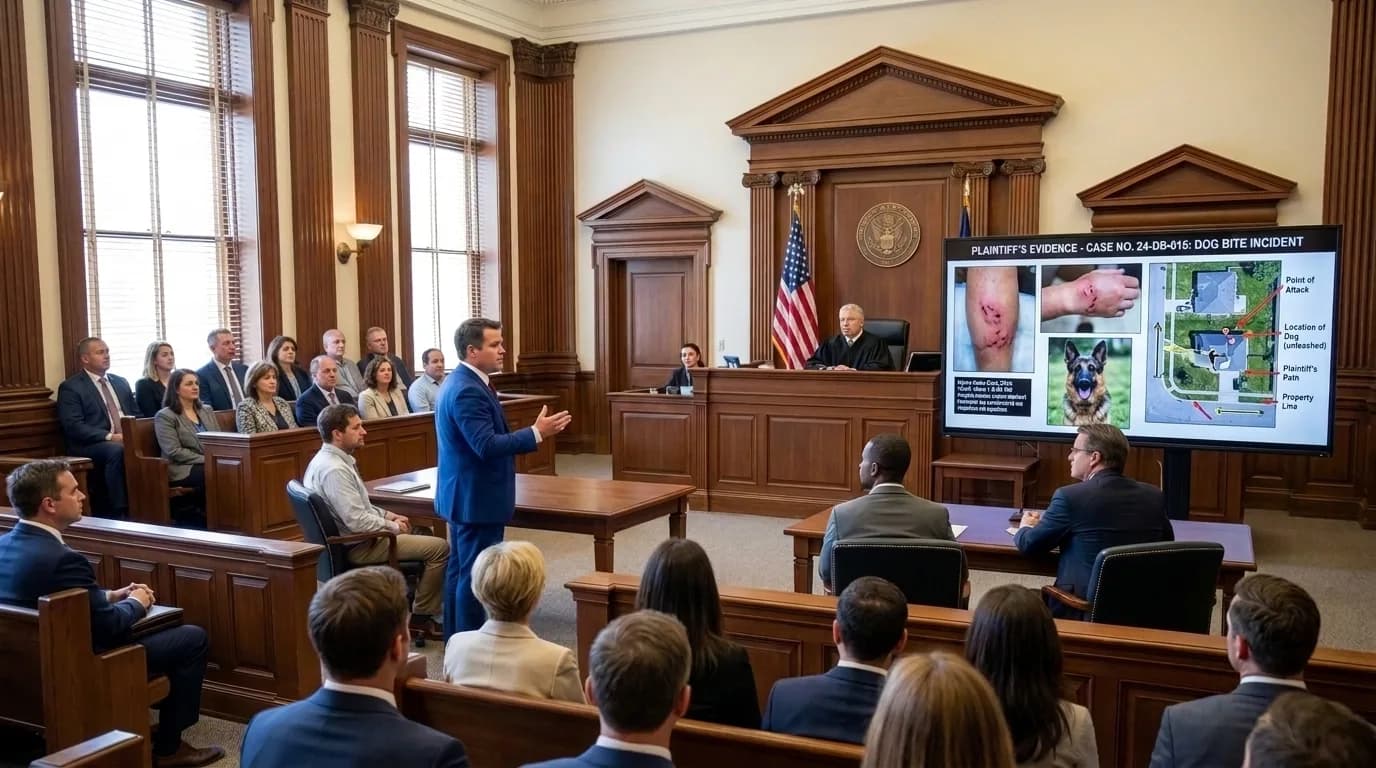 An attorney presenting a dog attack case to a jury at trial