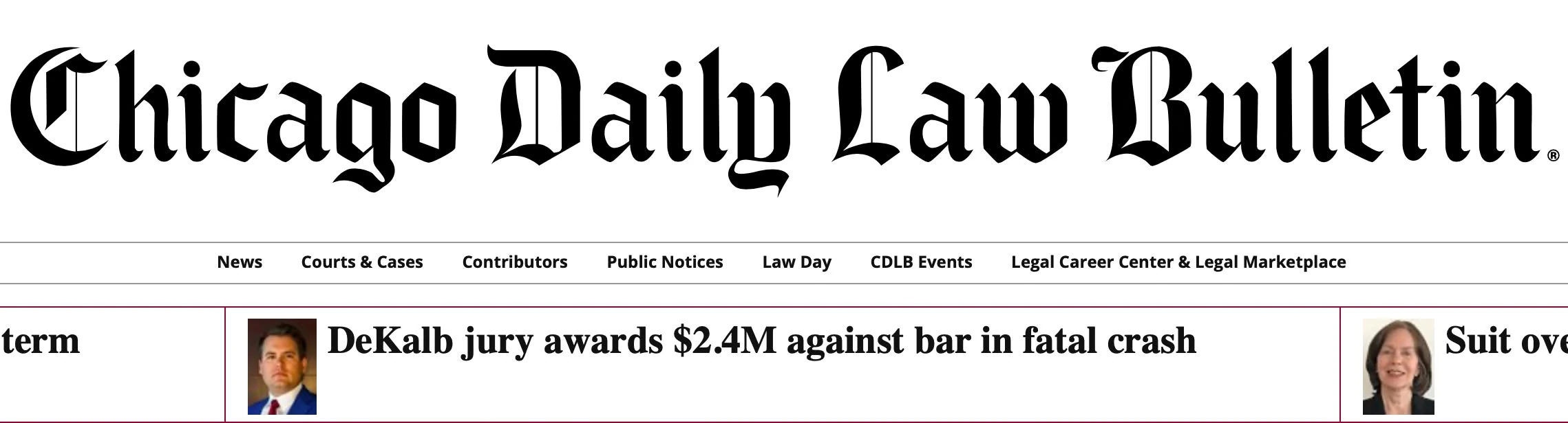 Chicago Daily Law Bulletin headline: DeKalb jury awards $2.4M against bar in fatal crash