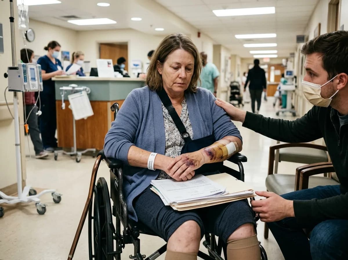 A patient in a wheelchair holding her medical records while a family member comforts her