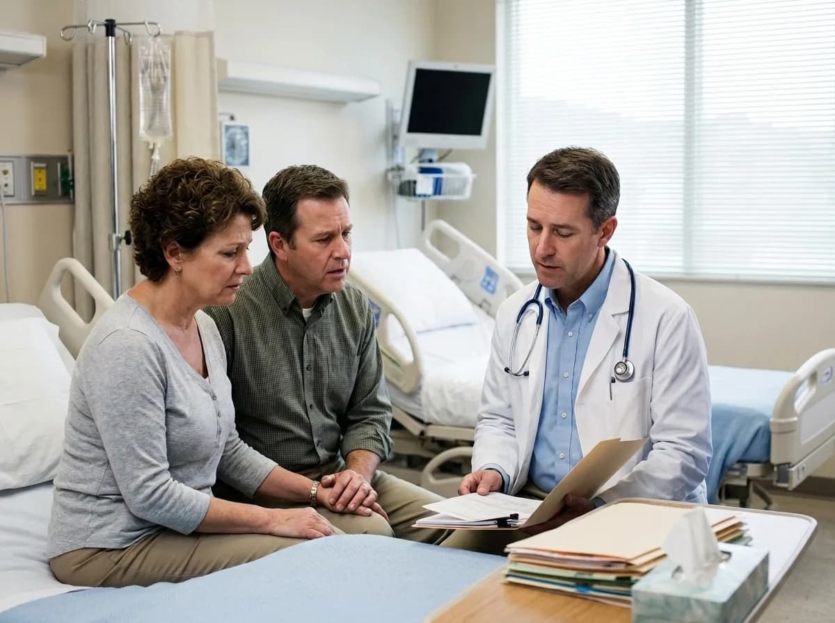 A doctor reviewing a chart with a patient's family in a hospital room