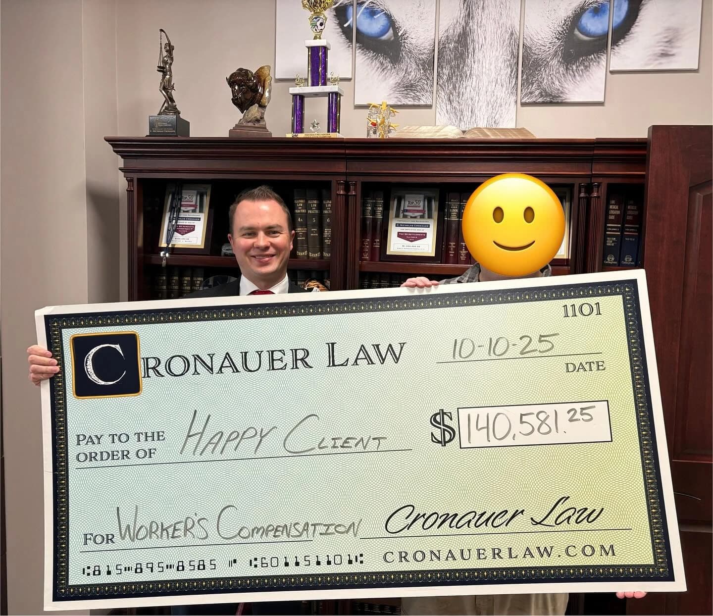 Cronauer Law client receiving settlement check