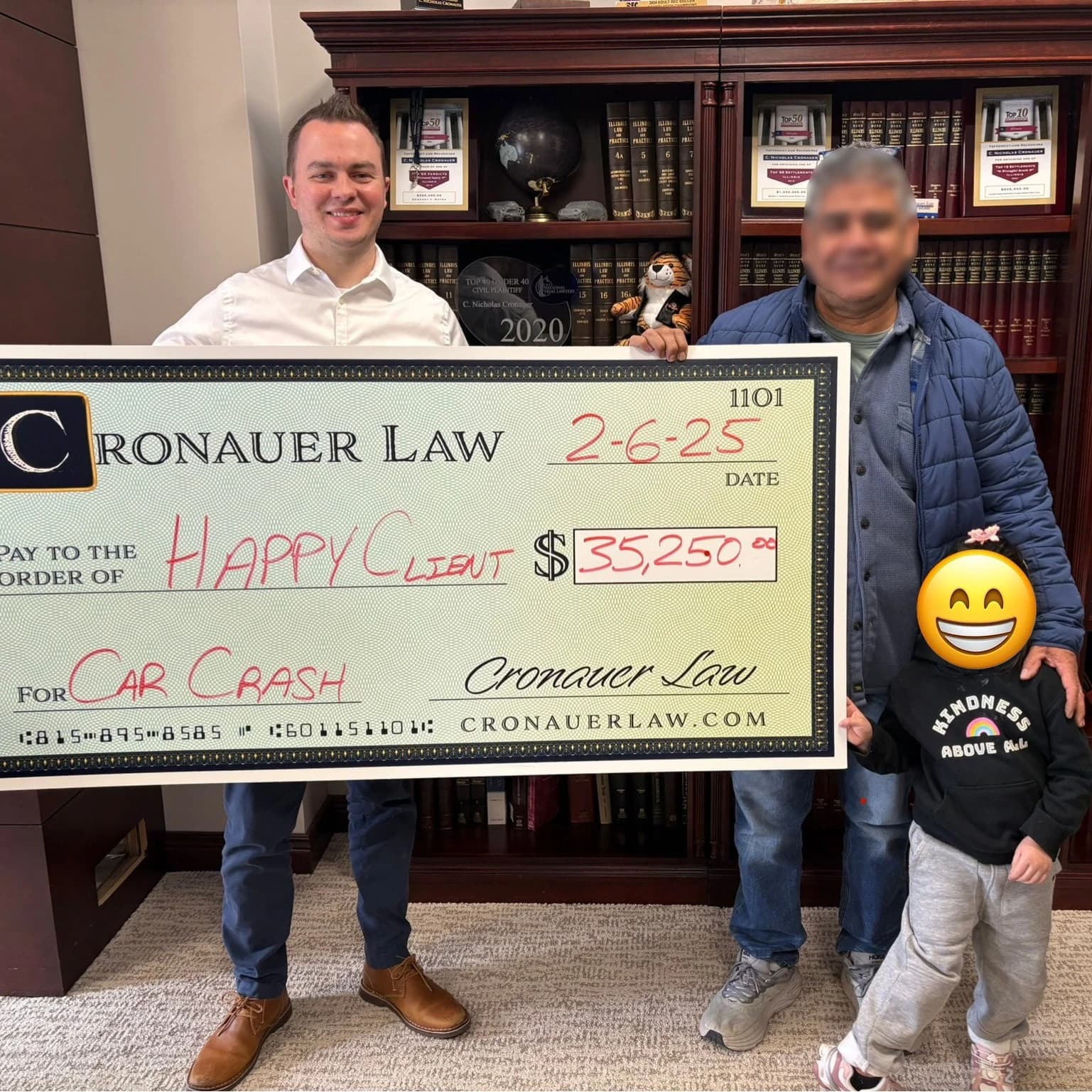 Cronauer Law client receiving settlement check