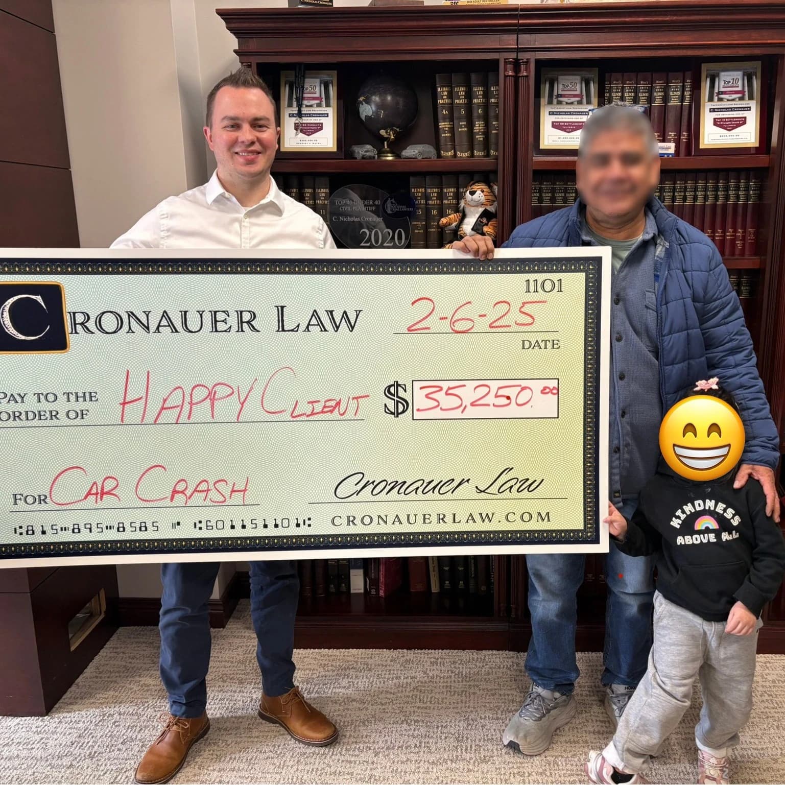 Cronauer Law client receiving settlement check