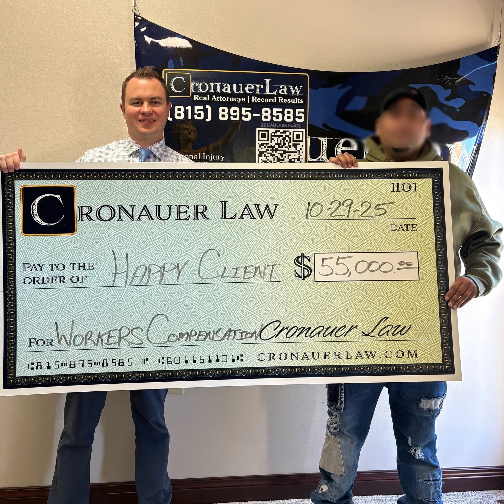Cronauer Law client receiving settlement check
