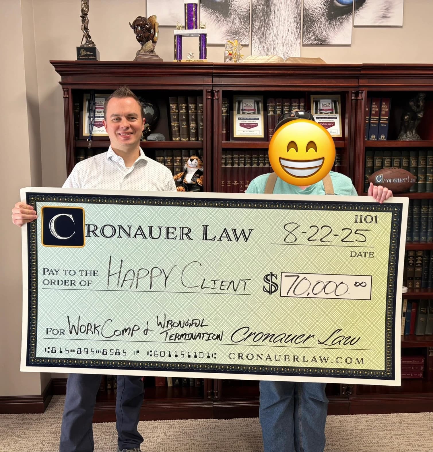 Cronauer Law client receiving settlement check