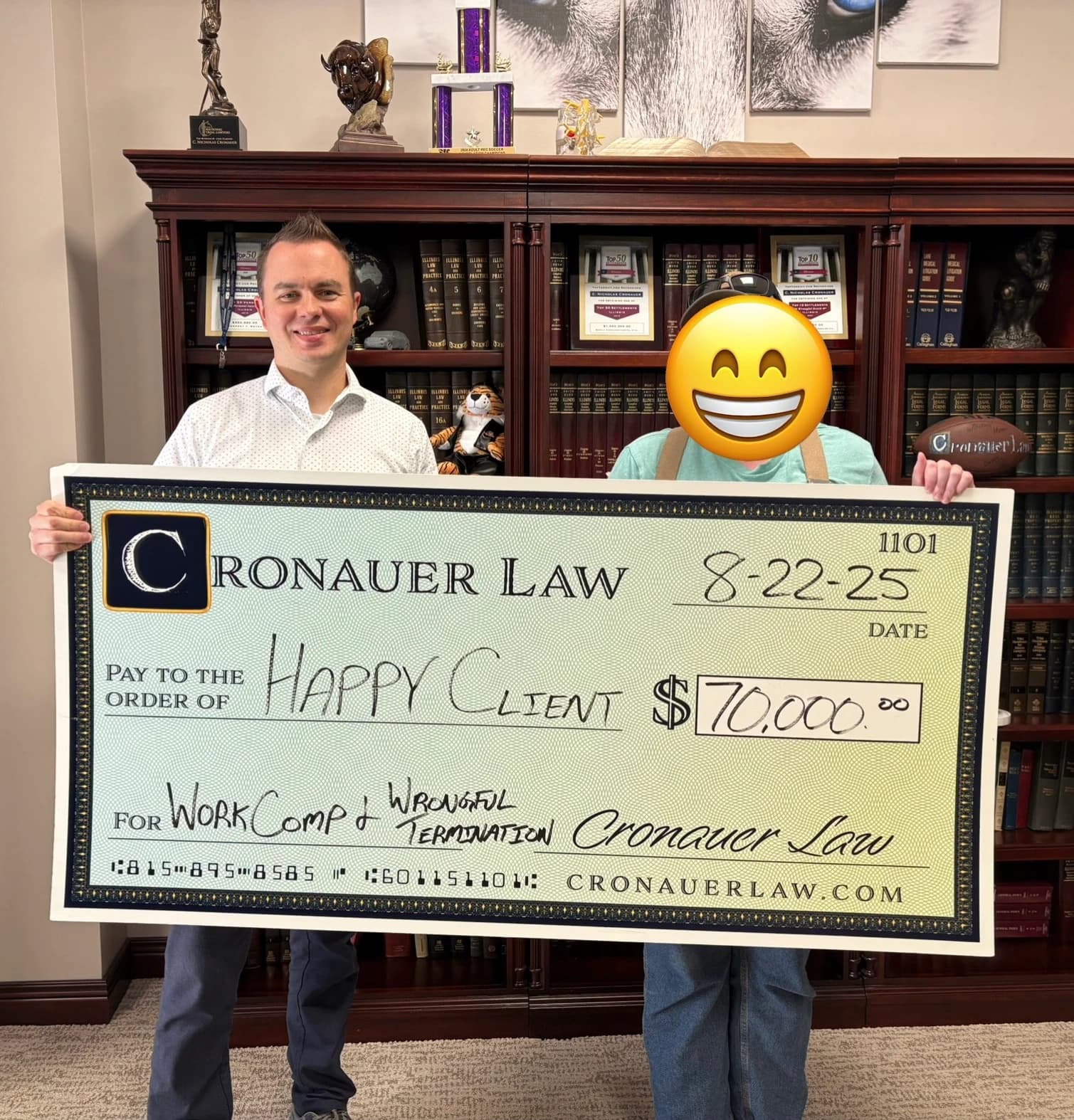 Cronauer Law client receiving settlement check