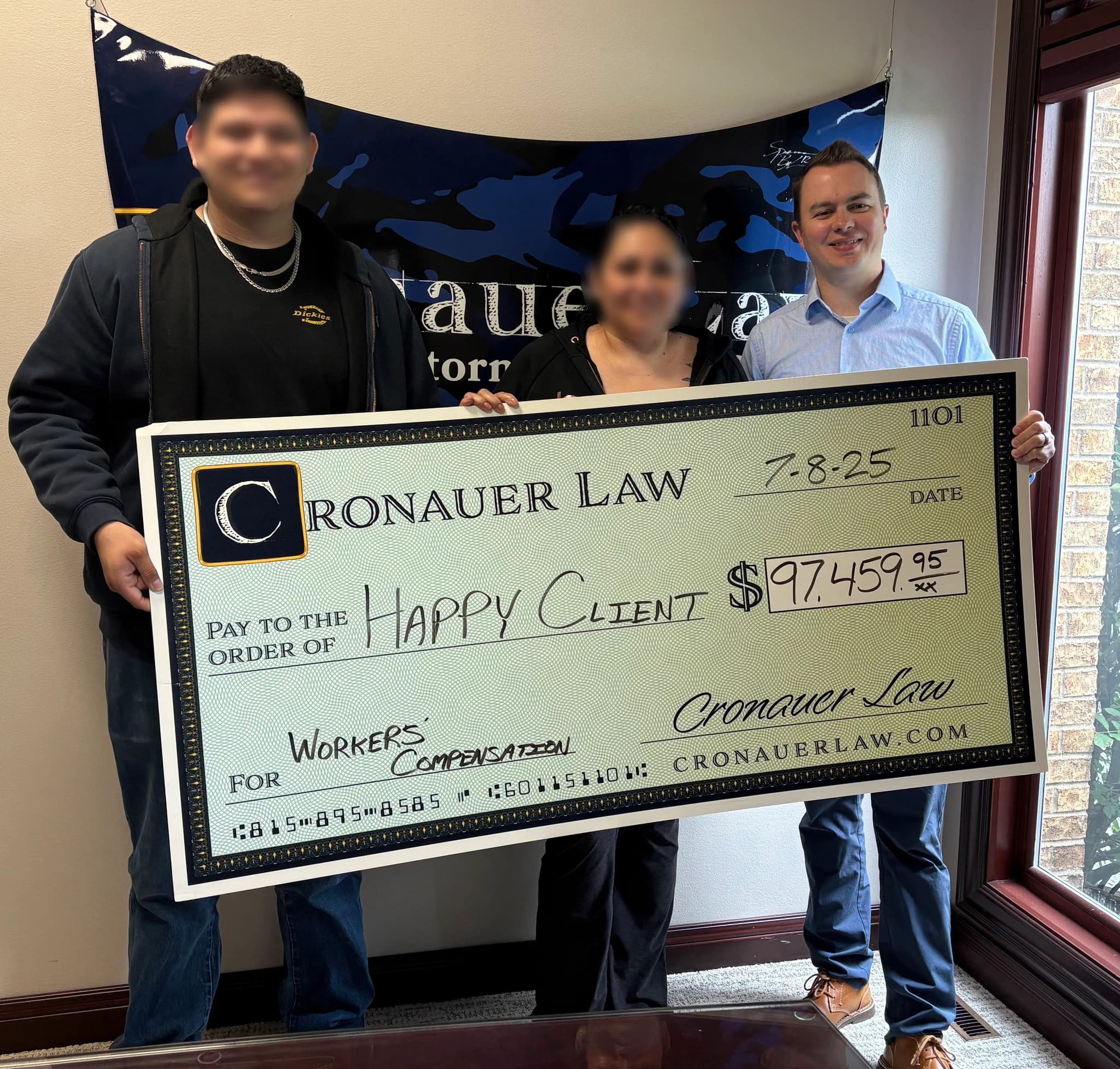 Cronauer Law client receiving settlement check