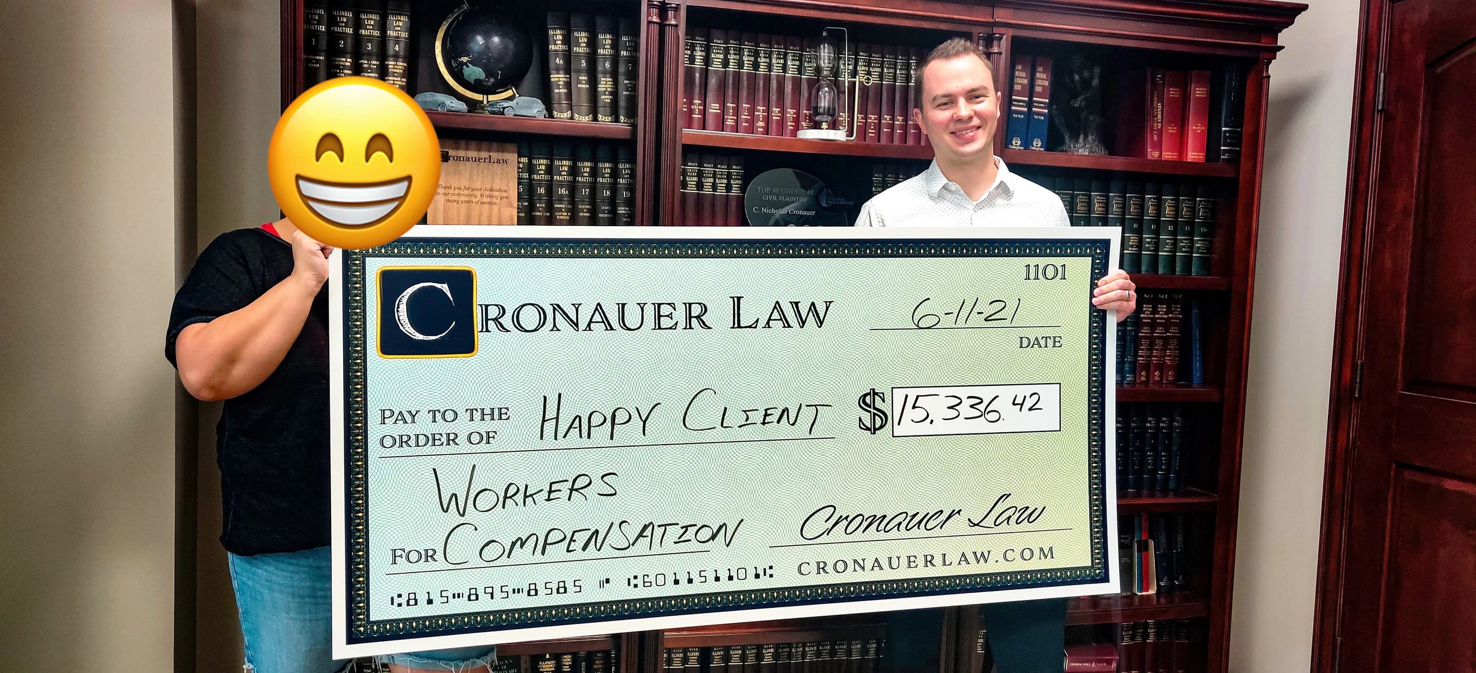 Cronauer Law client receiving settlement check