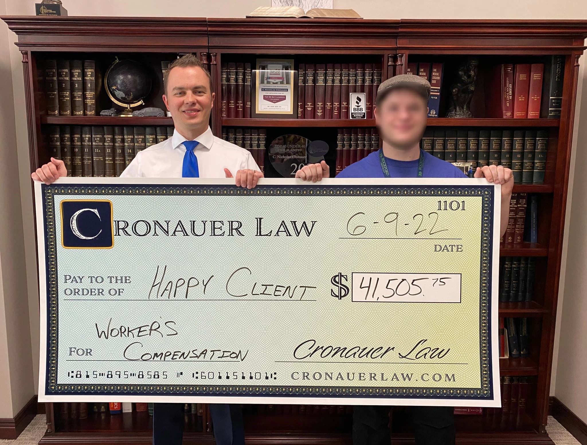 Cronauer Law client receiving settlement check