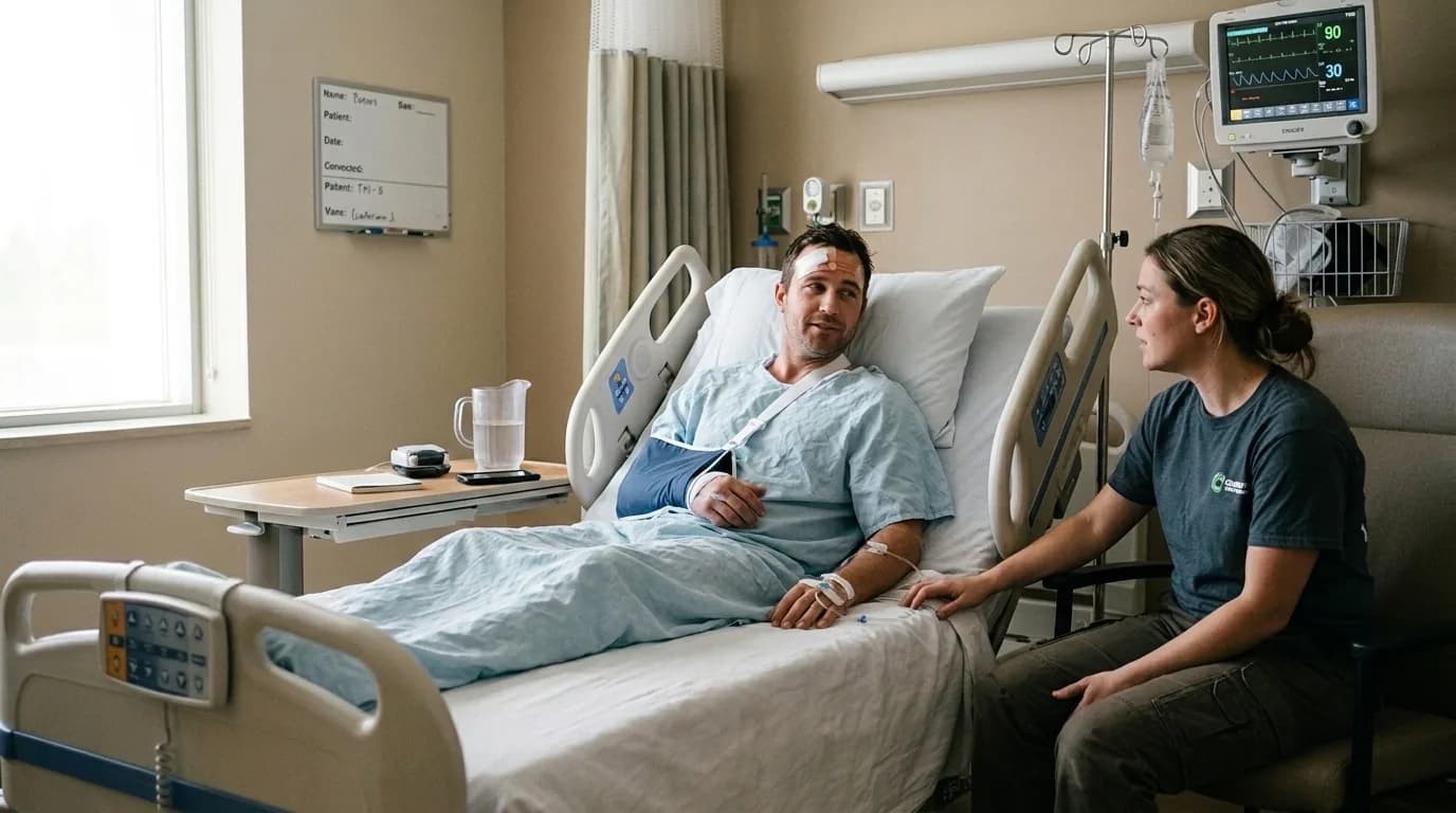 An injured worker recovering in a hospital bed with a family member at his side