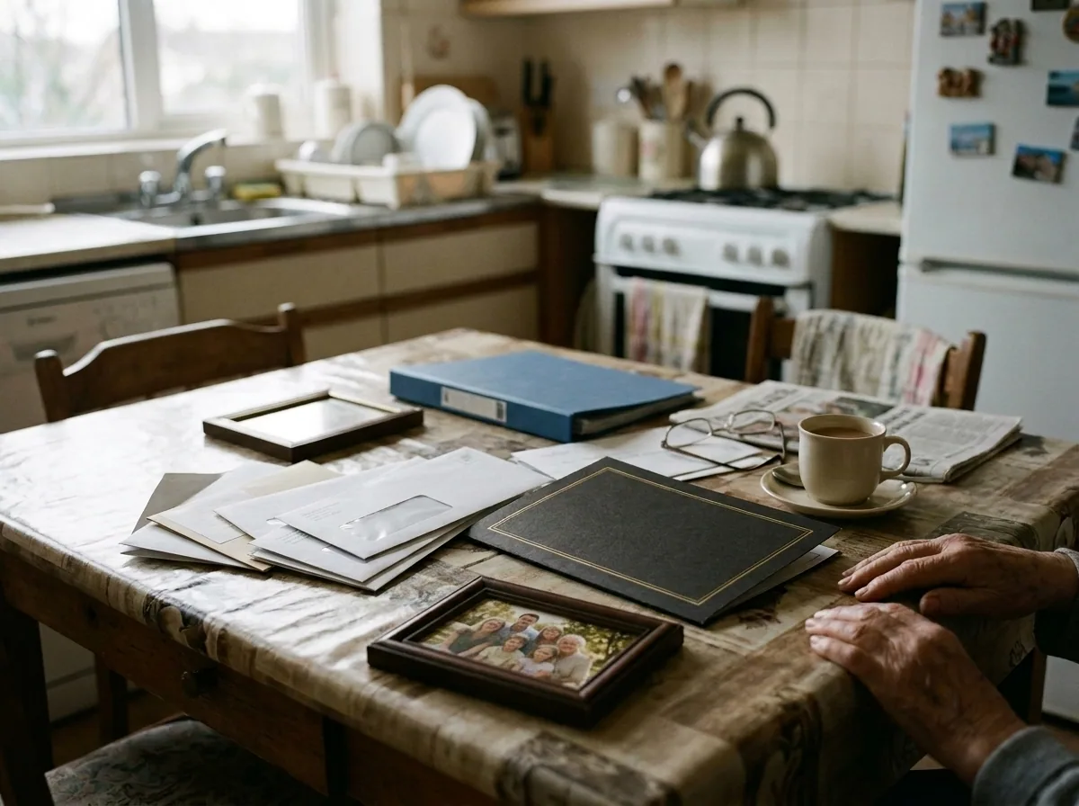 A family's kitchen table after a death: unopened bills, funeral paperwork, and a framed photograph